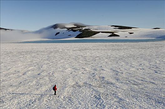 俄罗斯,西伯利亚,远足者,靠近,冰冻,湖,火山,背景