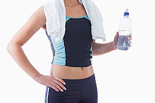 运动,女人,毛巾,颈部,水瓶,上方,白色背景