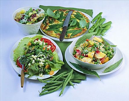 蔬菜沙拉,米饭沙拉,玉米饼,嫩豌豆,斜切短通心面