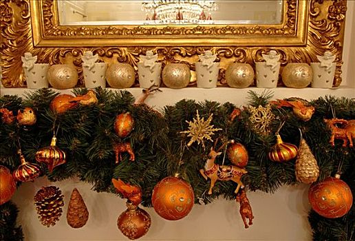 壁炉架,展示,边缘,镜子,圣诞装饰,悬挂,松树,嫩枝,壁炉台