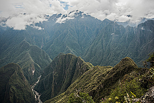 俯视图,多云,山,马丘比丘,库斯科,秘鲁,南美