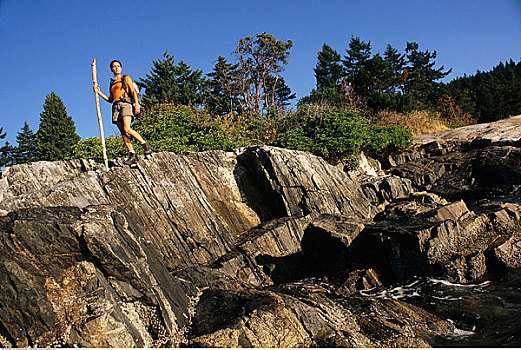 女人,远足,岩石,石台