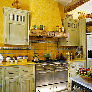 老,厨房,郊区住宅,加那利群岛,黄色,墙壁,老式,不锈钢,炊具,排烟机