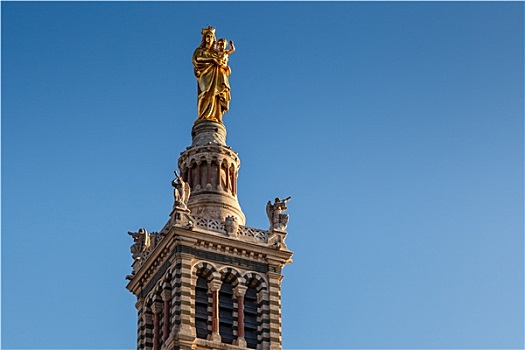 金色,雕塑,圣母玛利亚,拿着,小,耶稣,上面,巴黎圣母院,马赛,法国