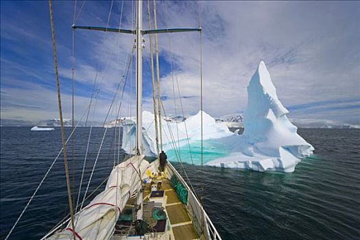 帆船,靠近,冰山,浅,水池,重击,融化,全球变暖,南极