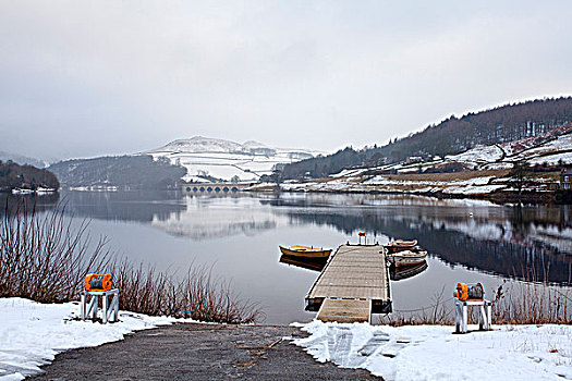 英格兰,德贝郡,水库,小,划艇,系,码头,跟随,冬天,下雪,峰区国家公园