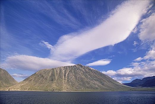 积云,上方,沿岸,山,夏天,峡湾,场所,国家公园,拉布拉多海,纽芬兰,加拿大