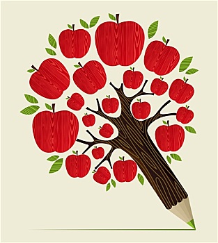 红苹果,树,铅笔,概念