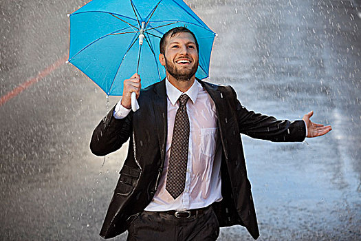 热情,商务人士,小,伞,下雨,街道