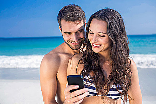 幸福伴侣,智能手机,海滩,晴天