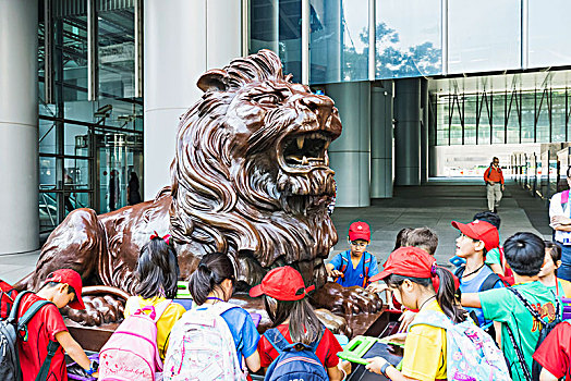 中国,香港,中心,学童,汇丰,狮子,雕塑