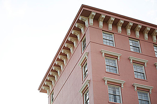 粉色,建筑,排,窗户,装饰,屋顶轮廓线,仰视,查尔斯顿,南卡罗来纳,美国