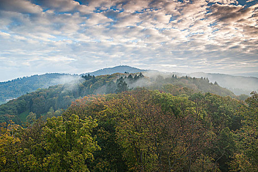 德国,黑森林,山,风景,城堡山,黎明