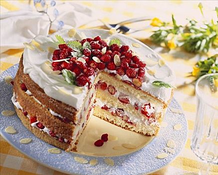 奶油蛋糕,野草莓,块,切削