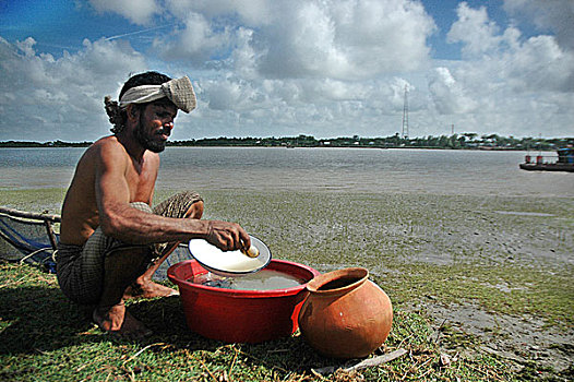 渔民,分类,对虾,堤岸,河,孟加拉,八月,2008年