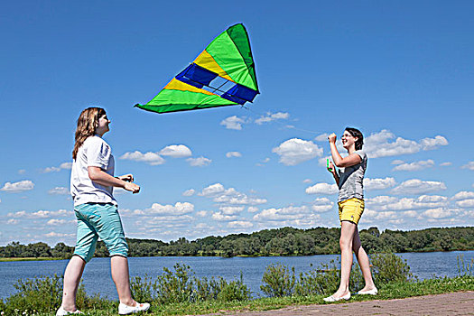女孩,飞,风筝,湖,自然,自然保护区,下萨克森,德国