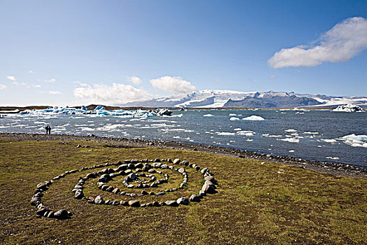 石头,放置,螺旋,图案,旁侧,杰古沙龙湖,结冰,泻湖,冰岛