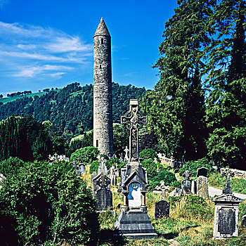 圆塔,11世纪,墓地,格兰达洛,威克洛郡,爱尔兰