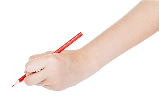 手,颜料,红色,铅笔,隔绝,白色背景