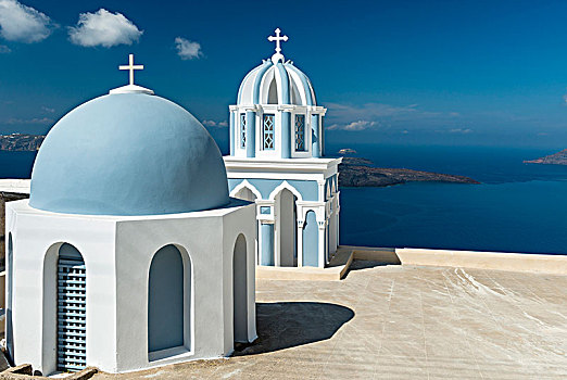 教堂,蓝色,圆顶,钟楼,锡拉岛,基克拉迪群岛,希腊,欧洲