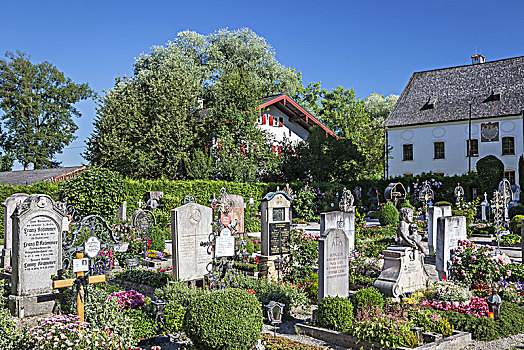 墓地,教堂,女人岛,弗豪恩齐姆兹,基姆湖,齐姆高,上巴伐利亚,巴伐利亚,德国南部,德国,欧洲