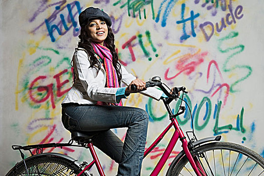 女人,肖像,骑自行车,正面,涂鸦,遮盖,墙壁