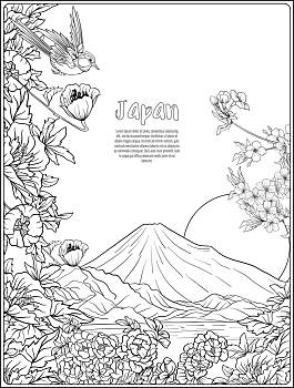 日本,风景,富士山,传统,花,鸟,轮廓,拖动,上色,书页,上色画册,成年