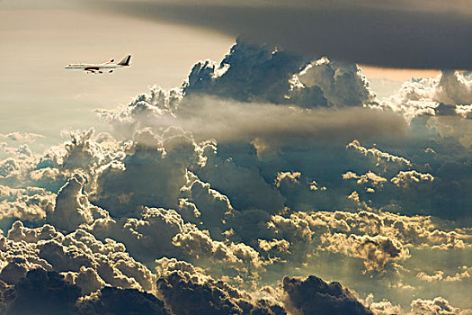 插画,波音747,飞机,飞行,高处,云