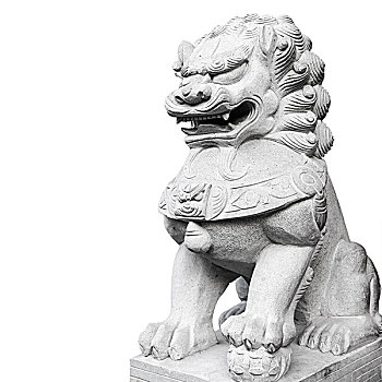 古老,中国狮子,雕塑,灰色,石头,隔绝,白色背景,背景