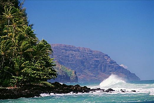 夏威夷,考艾岛,纳帕利海岸,风暴,海浪,重击,海岸线,蓝天