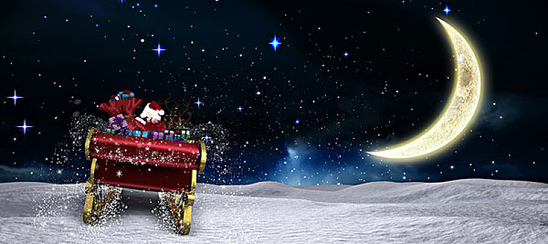 合成效果,图像,圣诞老人,飞,雪撬,新月,夜空