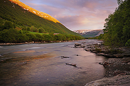 傍晚,河,多夫勒国家公园,挪威,斯堪的纳维亚,欧洲