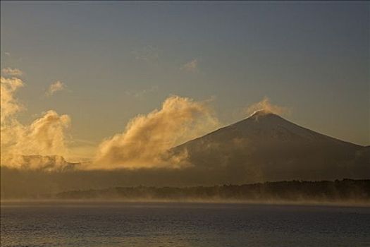日出,火山,湖,智利,南美