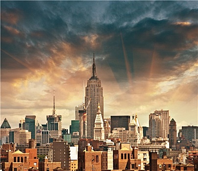 美好,风景,曼哈顿,摩天大楼,漂亮,天空,彩色,纽约