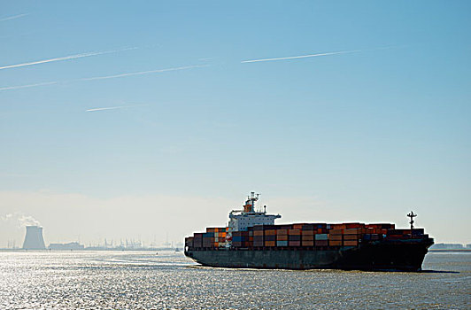 集装箱船,离开,安特卫普,港口,比利时