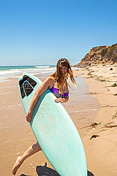 年轻,女人,海滩,冲浪板