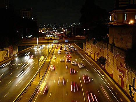 巴西,圣保罗,城市风光,城市,公路,交通,夜晚,拉丁美洲,南美,大城市,街道,多车道,汽车,风景,桥,移动,模糊