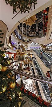 圣诞气氛,装饰,购物中心,扶梯,城市,纽伦堡,中间,弗兰克尼亚,巴伐利亚,德国,欧洲