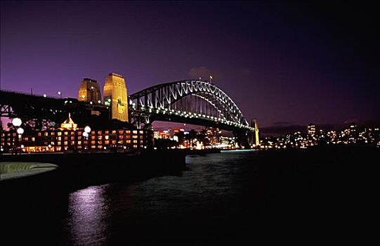 澳大利亚,新南威尔士,悉尼,海港大桥,夜晚,城市灯光,远景