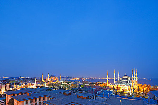城市,全景,圣索菲亚教堂,蓝色清真寺,苏丹,清真寺,藍色清真寺,伊斯坦布尔,欧洲,土耳其,亚洲