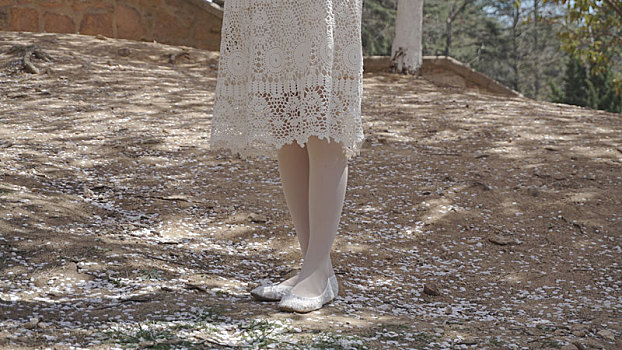 一个女孩站在落满樱花的地上的腿部照片