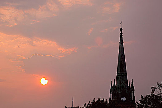 教堂,尖顶,日落,魁北克,加拿大