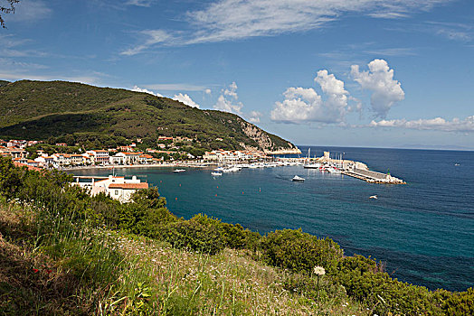 俯视,港口,蓝绿色海水,码头,厄尔巴岛,岛屿,里窝那,省,托斯卡纳,意大利