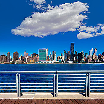曼哈顿,纽约,晴朗,天际线,东河,阳光,美国