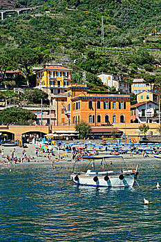 五月,人,享受,海滩,五渔村,意大利,一个,五个,乡村,旅游,魅力,世界遗产