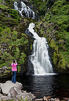 游客,摄影,瀑布,多纳格,爱尔兰