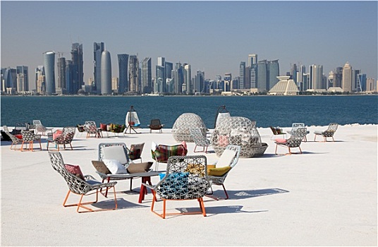 咖啡,椅子,风景,多哈,市区,天际线,卡塔尔,中东