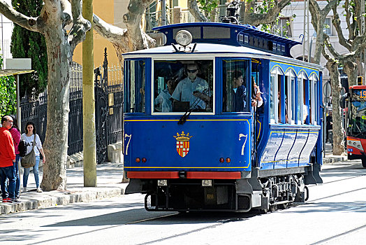 蓝色,有轨电车,巴塞罗那,加泰罗尼亚,西班牙,欧洲