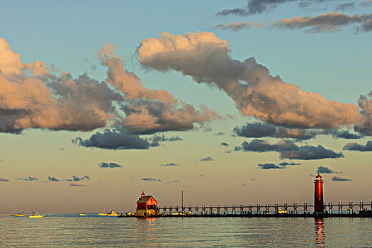 日出,云,上方,密歇根湖,渔民,灯塔,密歇根,美国,大幅,尺寸