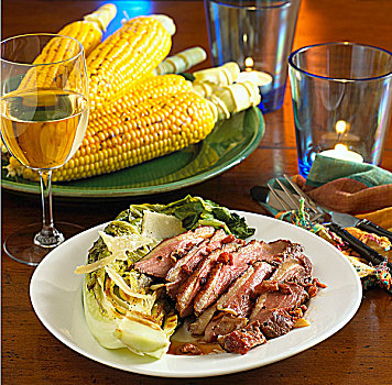 切片,烤制食品,鸭胸,白葡萄酒,玉米